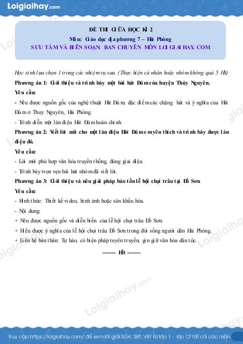 Đề thi giữa kì 2 GDĐP 7 Hải Phòng - loigiaihay.com
